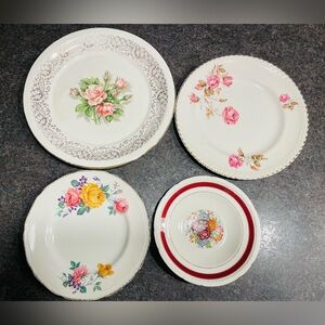 Vintage Floral Dinner Plate Set - White with Pink & Yellow Rose Accents